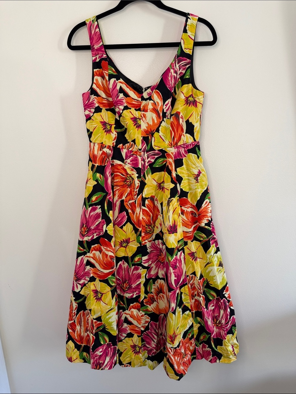 kate spade Painted Tulips Grace Dress Black Pink Yellow Floral Midi Cocktail 8